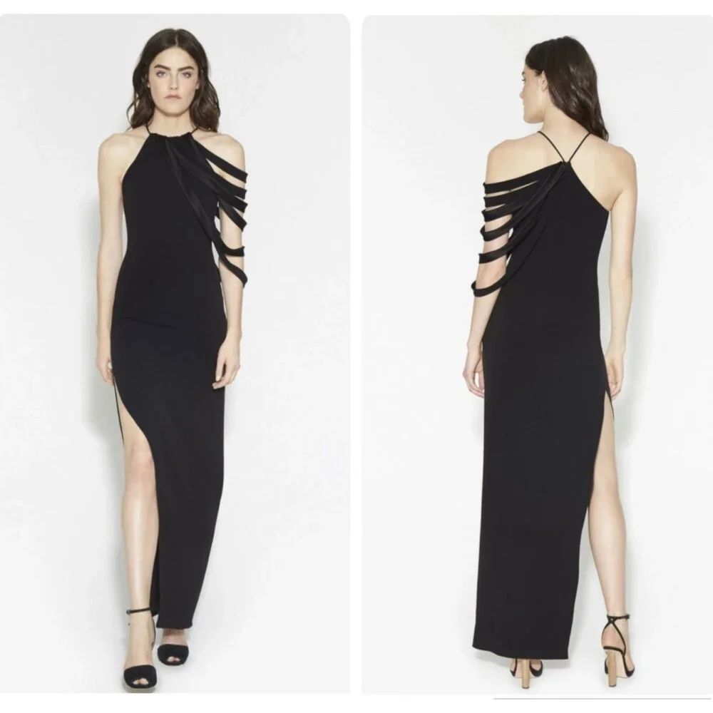 Halston Heritage Black Crepe Zip Halter Gown Dress Sz 8 Slit Strappy Formal NWT - Picture 3 of 16